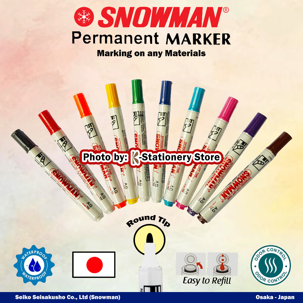 Snowman Original Spidol Permanent Marker AG-12 • Colours • Round Tip • Multi-fungsi • Waterproof