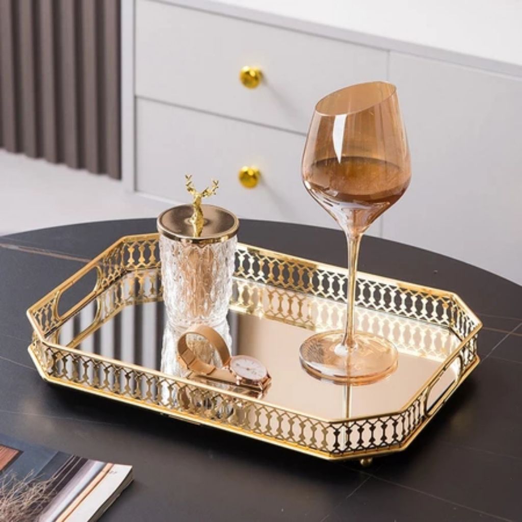 Nampan metal kaca gold mewah