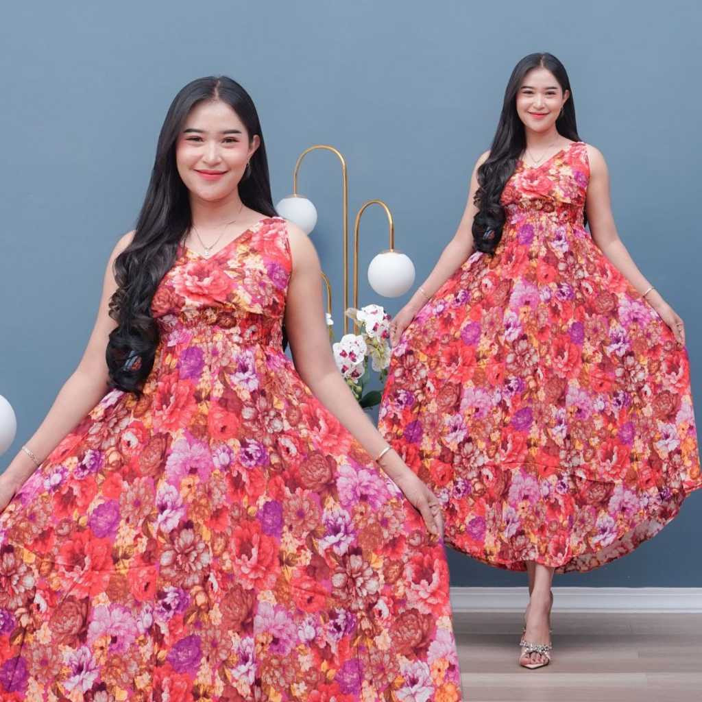 Yukensi - Daster Jumbo Panjang Motif Bunga Tanpa Lengan | All Size M - L - XL–XXXL | Adem & Nyaman