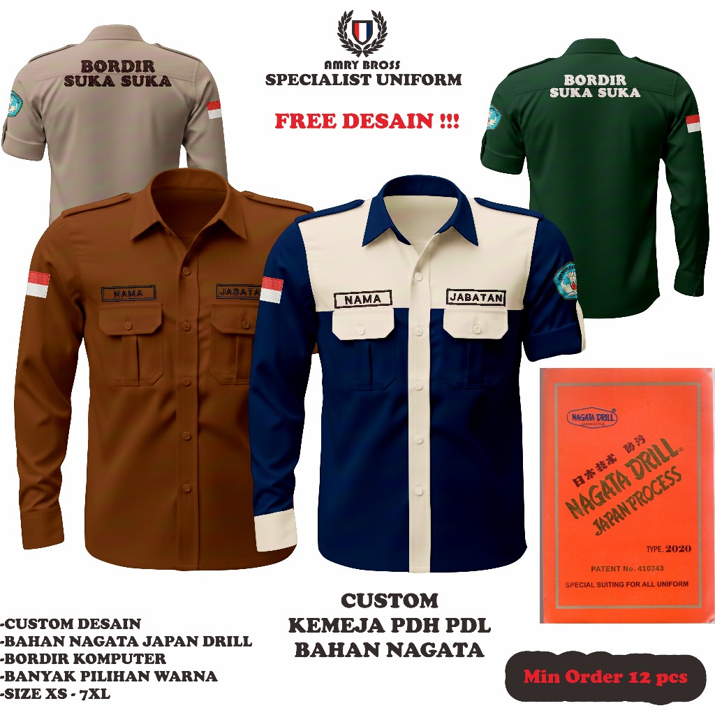 KEMEJA PDH CUSTOM BAHAN NAGATA JAPAN DRILL BORDIR KOMPUTER