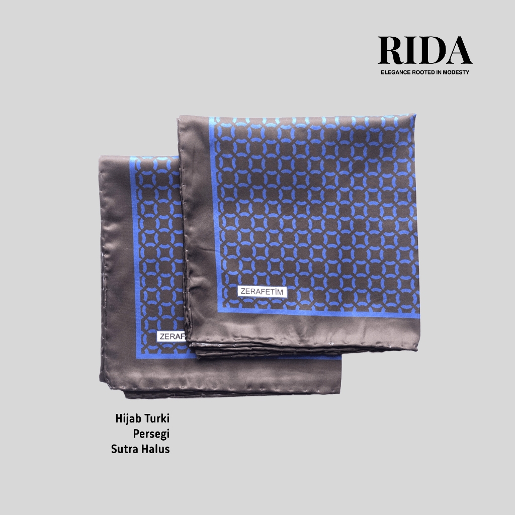 RIDA Hijab Turki Kerudung Sutra Twill Motif Biru Hitam 90x90cm