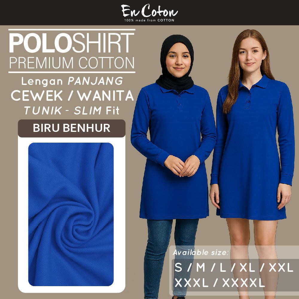 ENCOTON Kaos Kerah polo Dress Tunik terusan Wanita Cewek BIRU BENHUR Tangan Lengan Panjang