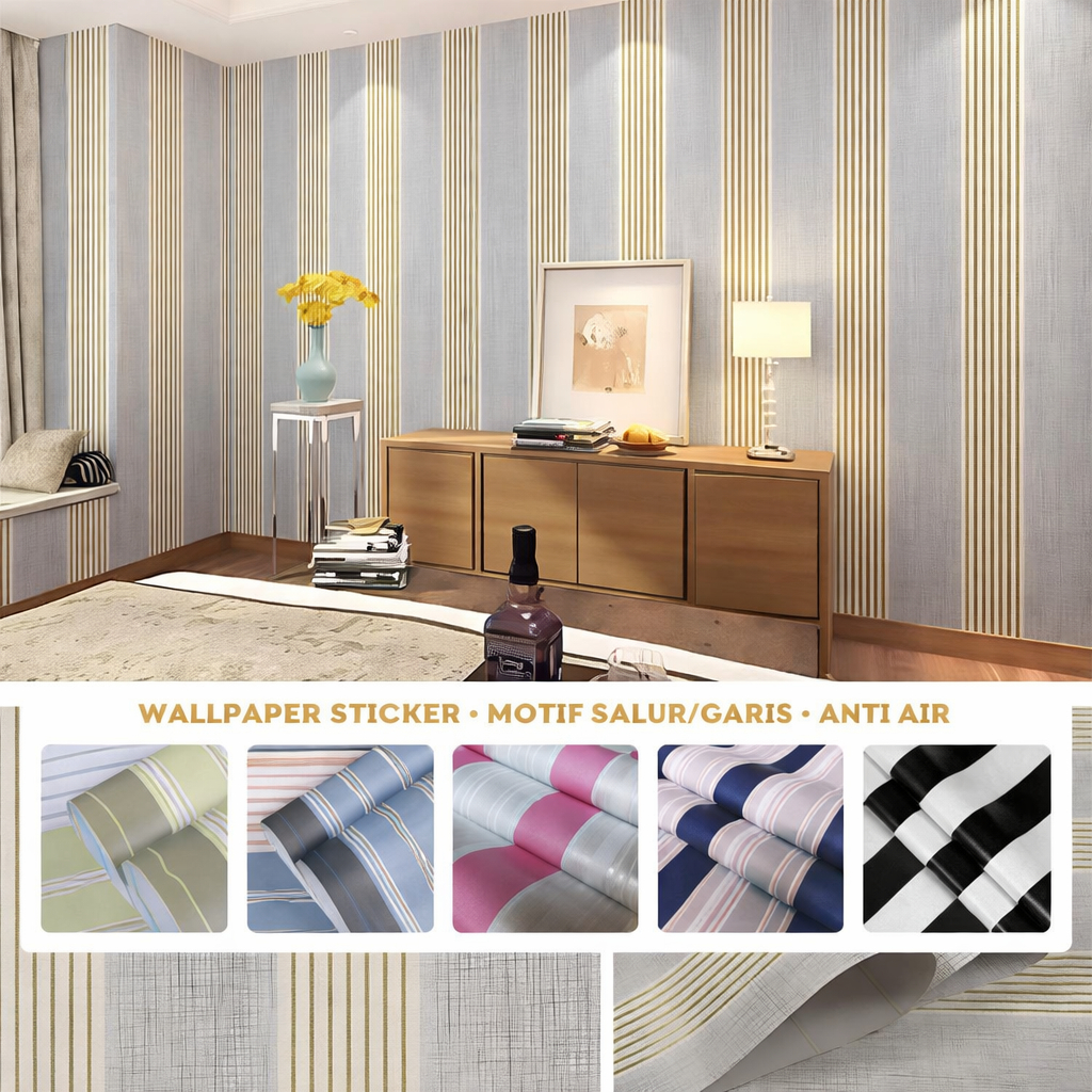 Wallpaper Dinding Kamar Tidur Motif Salur Garis Minimalis Elegan (45cm x 4m) | Stiker Wallpaper Ruan
