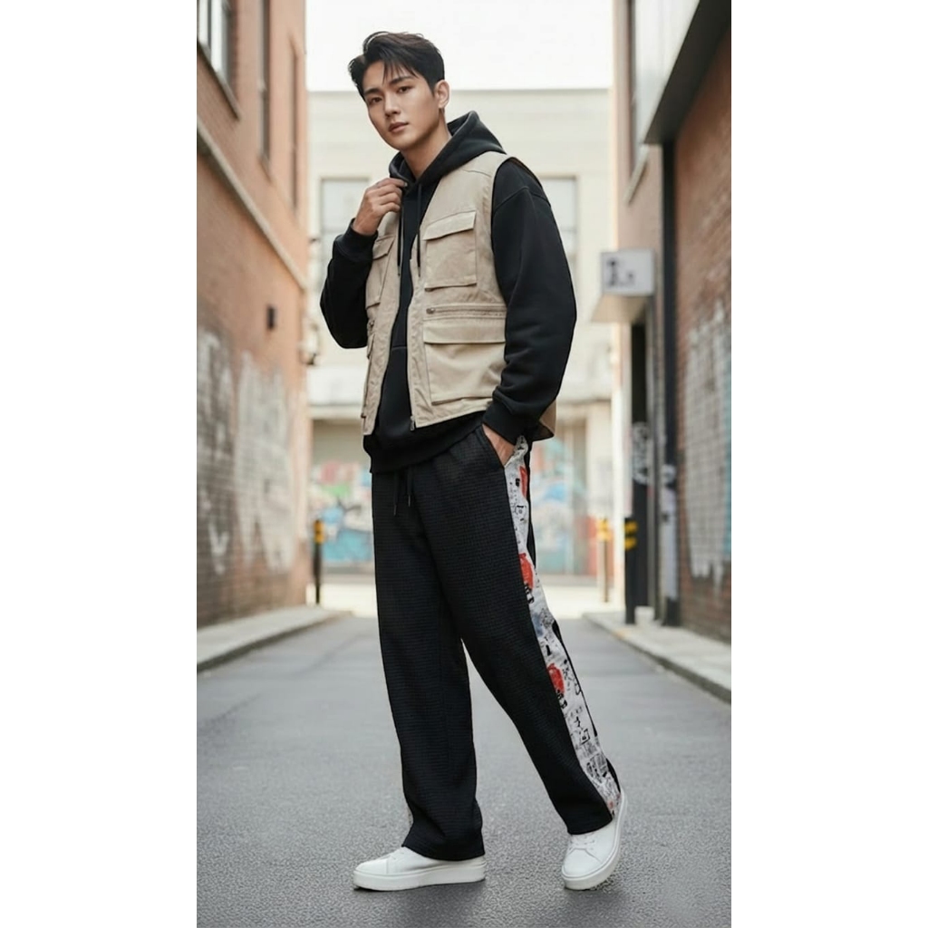 Celana Panjang Waffle Pria Loose Pants Longgar Zenomic Black List Oversize Stretch Nyaman