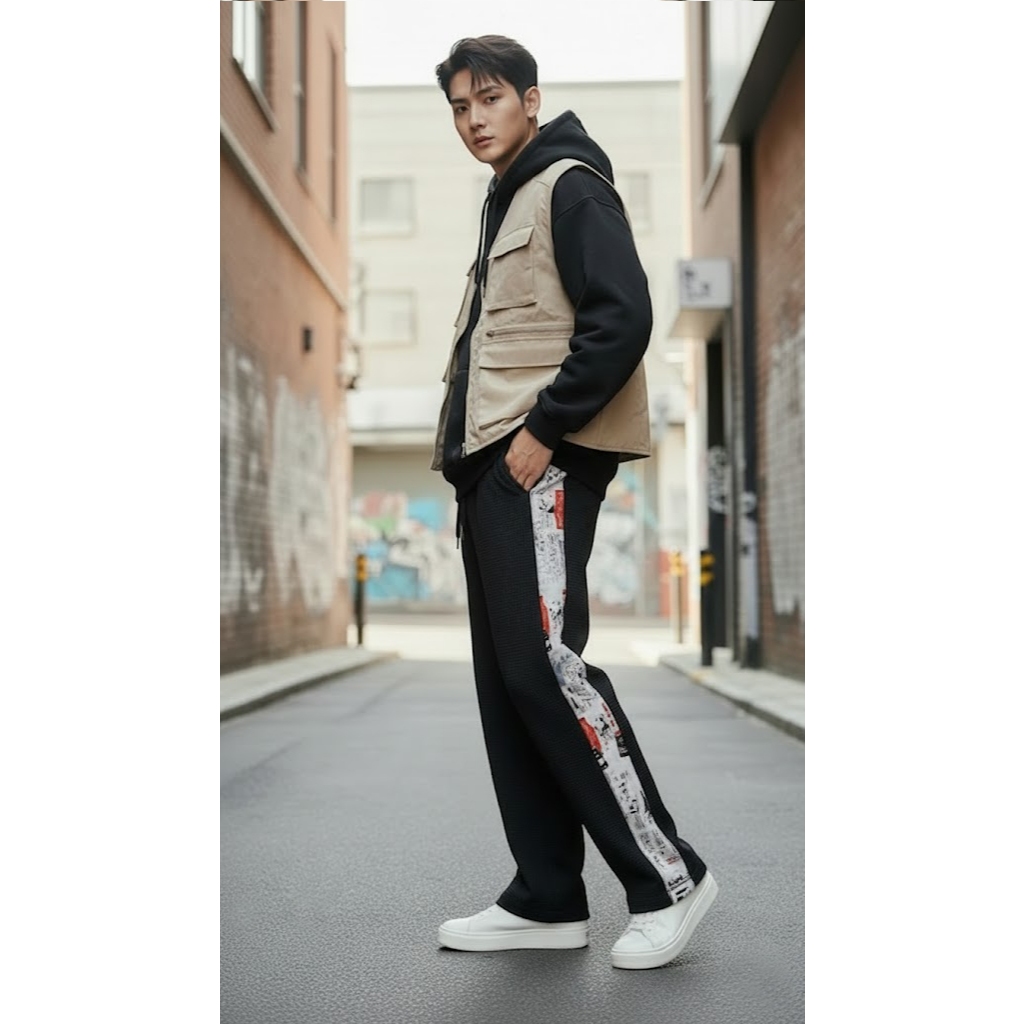 Celana Waffle Pria Oversize Zenomic Black List Loose Pants Panjang Stretch Nyaman Olahraga baggy Pan