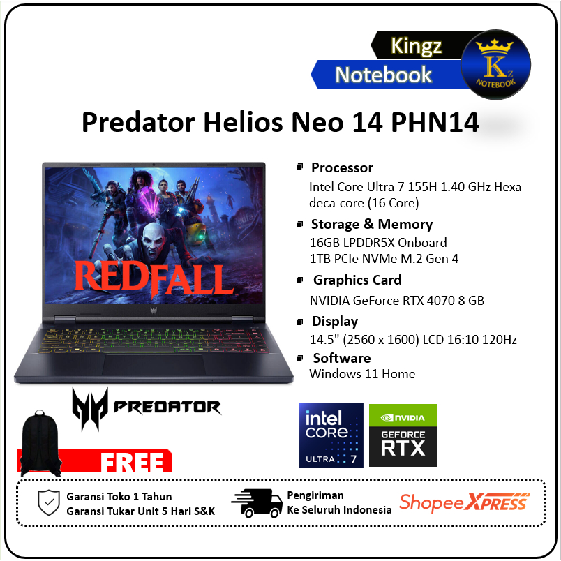Acer Predator Helios Neo 14 RTX4070 Ultra 7 155H 16GB 1TB SSD Win11 14,5" QHD+ 120Hz