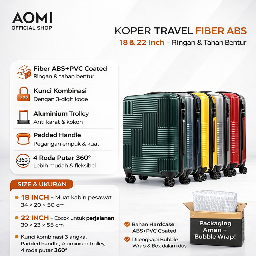 Koper Travel Kabin & Bagasi – Fiber ABS Ringan & Kuat, AOMI 18–28 Inch (AO-804)