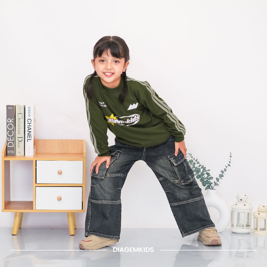 DIAGEMKIDS -  Longsleeve Stripe Army | Oversized Longsleeve Unisex Kaos Lengan Panjang Anak Atasan A