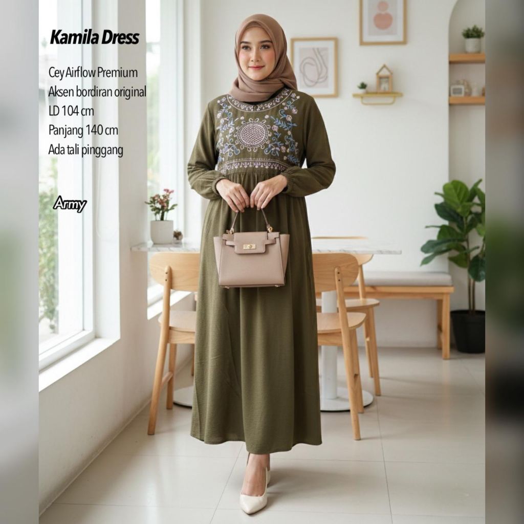 KAMILA DRESS WANITA AIRFLOW BORDIR / Gamis Bordir / Dress Lebaran / Dress Polos