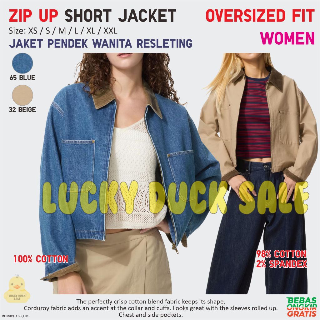 UNIQLO Women Zip Up Short Jacket Wanita Jaket Pendek Katun Resleting Oversized