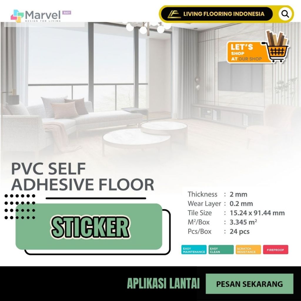 Lantai Vinyl Marvel Easy Base 2mm Motif Kayu Dengan PVC Self Adhesive Flooring Yang Anti Air Dan Tah