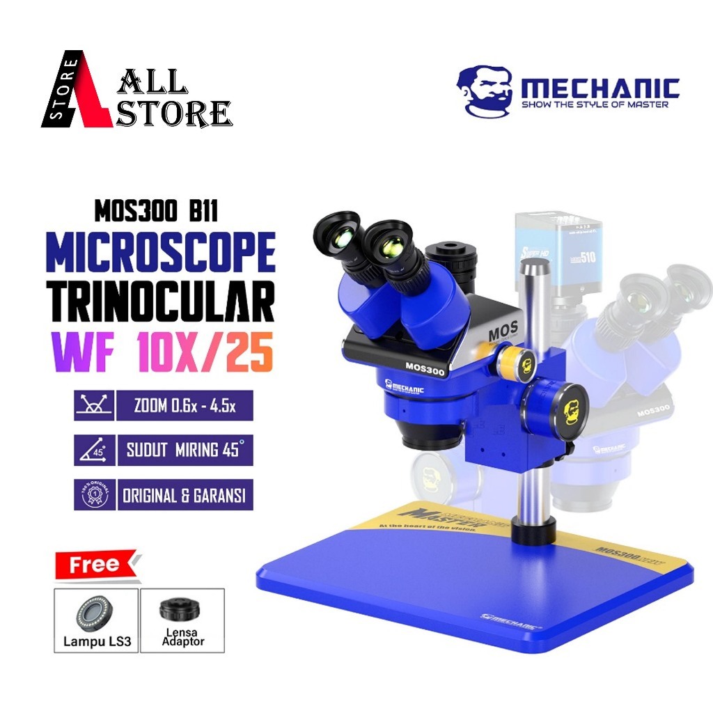 MECHANIC MOS 300-B11 Microscope Stereo Trinocular - Mikroskop Original MOS300-B11 Lensa adadtor keme