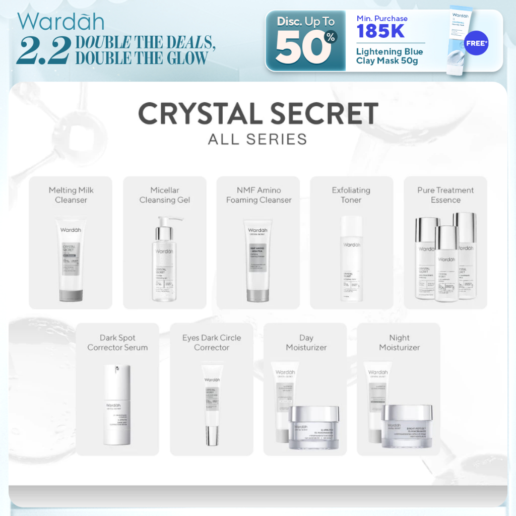 WARDAH Crystal Secret Series Lengkap - Milk Cleanser, Micellar Cleansing Gel, Foaming Cleanser, Exfo