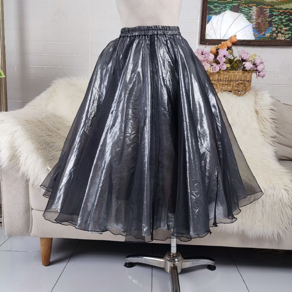 rok organza silver rok megar flare skirt flowy skirt rok organza midi