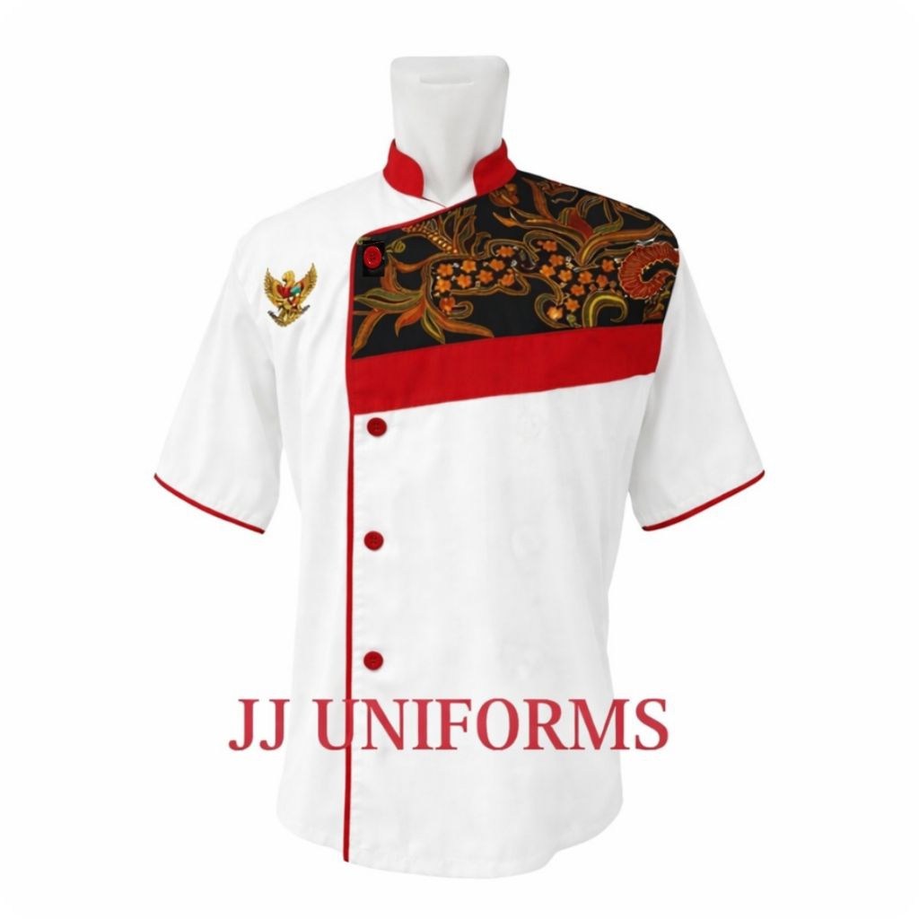 Baju Chef Putih Kombinasi Batik . Seragam Chef. Baju Koki Warna Putih
