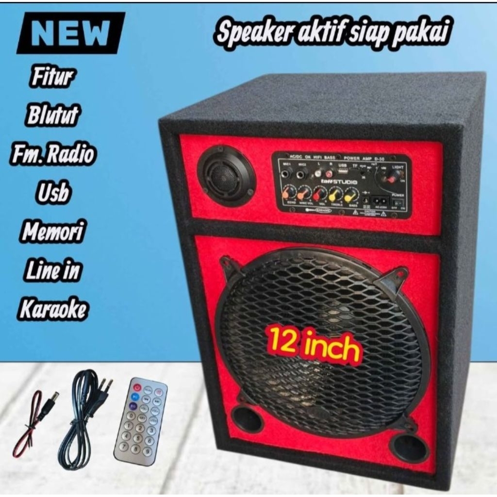 Speaker Aktif 12inc Siap Karaoke dengan Fitur Bluetooth, FM Radio, USB, Memori, Line in, dan Bass Ne