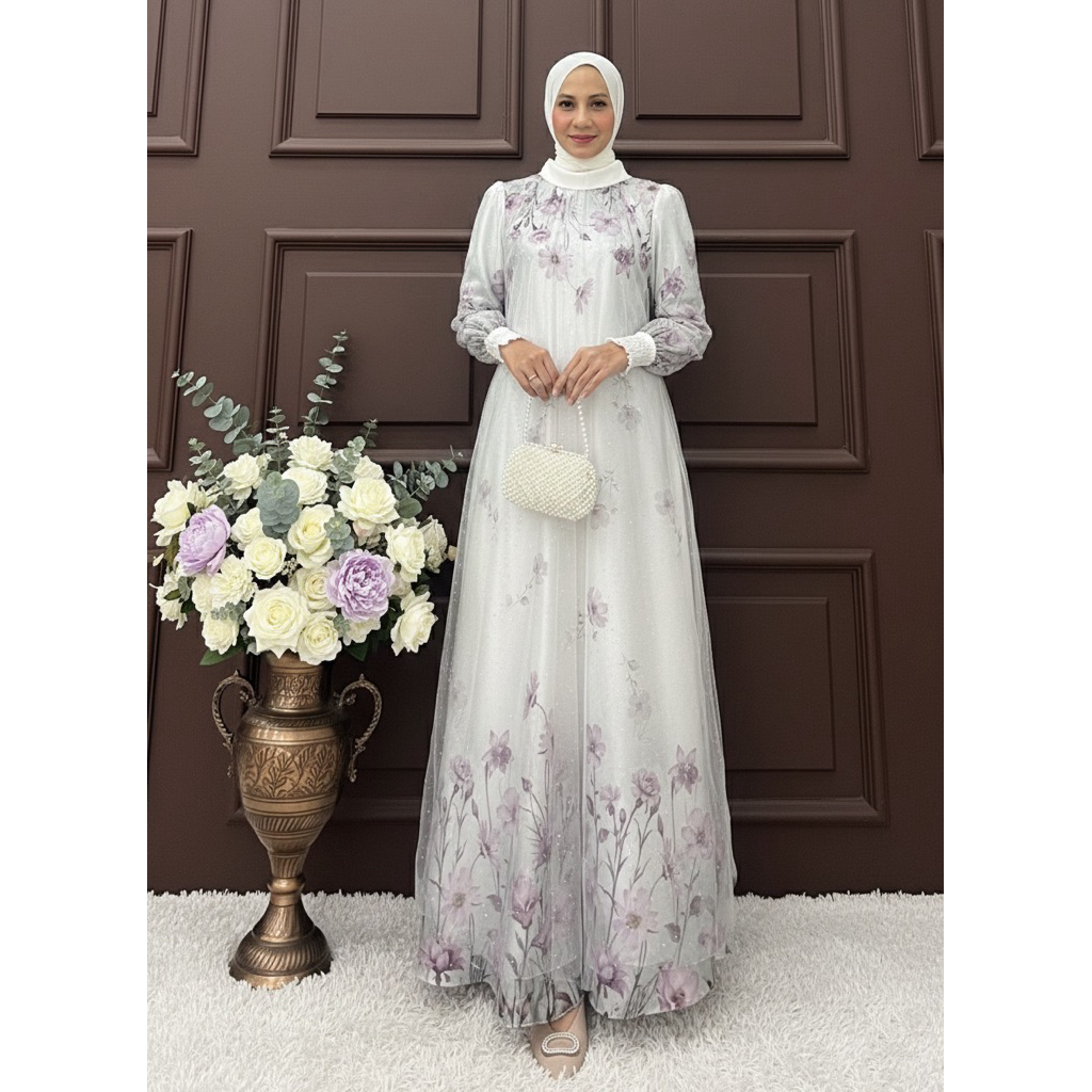 [JEMIA] Alicia Dress Rain Tile Rain Drop Glitter Silk Hijab | Gamis Pesta Elegan