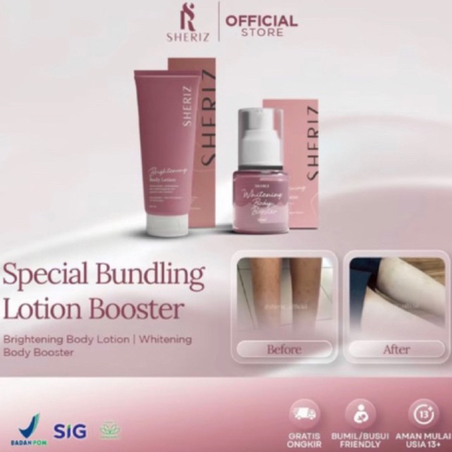 SHERIZ DOUBLE GLOWING WHITENING (lotion+booster) skin booster,memudarkan bekas luka, menutrisi kulit