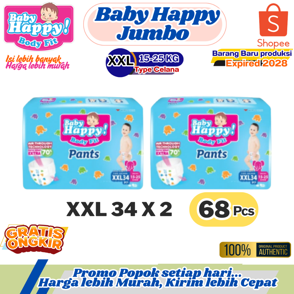 PROMO 2 BALL BABY HAPPY JUMBO XXL34 x 2 TWINPACK ISI 68PCS POPOK BAYI MODEL CELANA EXPIRED 2028