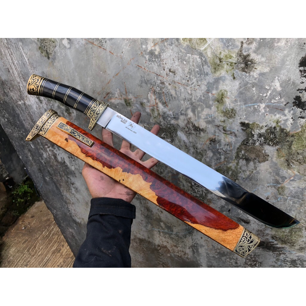 (PO)Pisau Sembelih Baja BOHLER N695 40cm 59 HRC Tajam - Sarung Kayu Burl RED, Gagang Tanduk, Fulltan