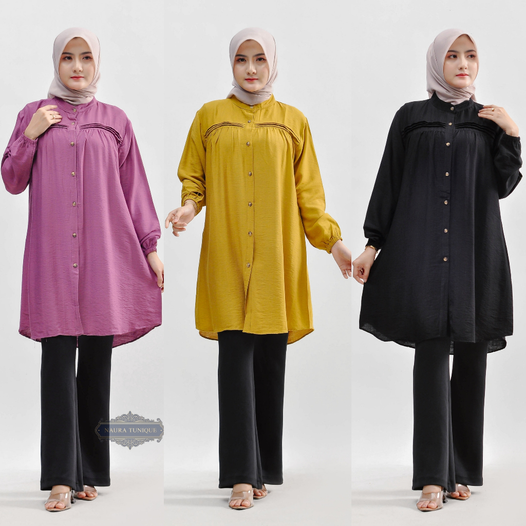 New Tunik Wanita Ful Kancing Busui Friendly Jumbo Hitam Maron Putih LD 110 - LD 130