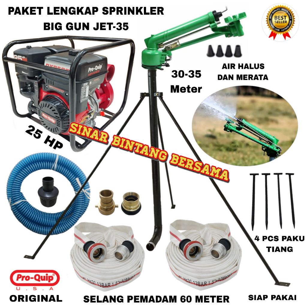 PROMO Paket Sprinkler Big Gun Jet-35 Komplit Mesin Pemadam Original Pro Quip 25 HP Radius Keliling 6