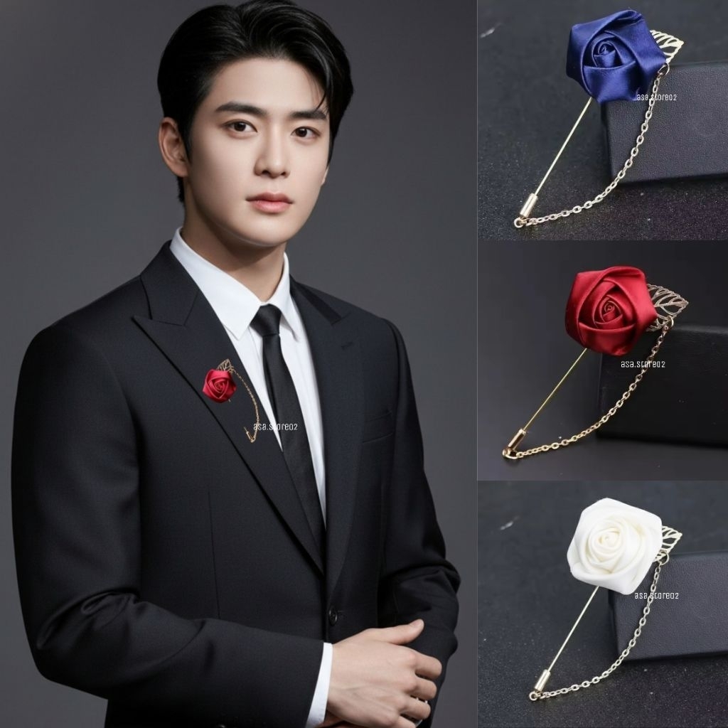 Pin Jas Rose Satin/Brooch Lapel Pin Jas Bunga/Bros Rantai Jas Pria Wanita