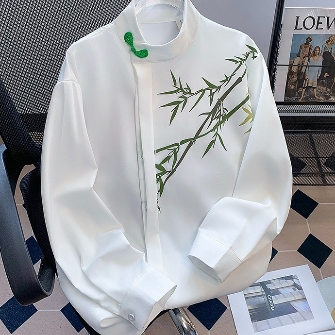 Pakaian Pria Gaya Cina Baru Kemeja Cetak Bambu Hijau Gaya Cina Lengan Panjang Pria