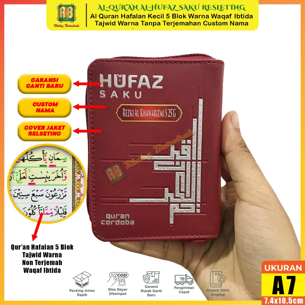 Alquran Al Hufaz A7 Saku Custom Nama Tajwid 5 Blok Al Quran Kecil Resleting Hafalan Tajwid Warna