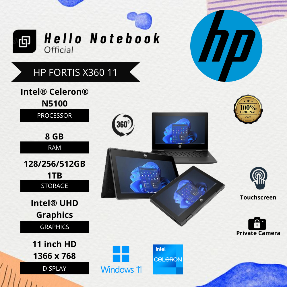 Laptop Baru Hp X360 11 Intel Celeron N5100 up to 2,8 Ghz SSD Touchscreen