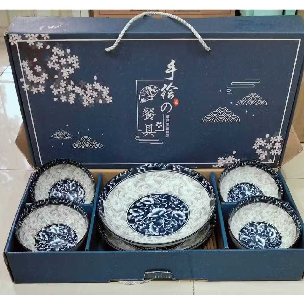 Grosir souvenir piring dan mangkok keramik set sumpit
