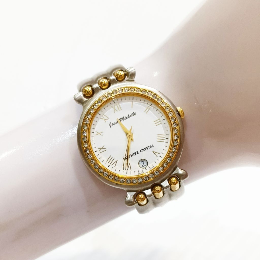 Jam Tangan Jean Michelle Swiss 23K Gold Plated Sapphire Crystal Quartz Watch Wanita Mewah Elegan