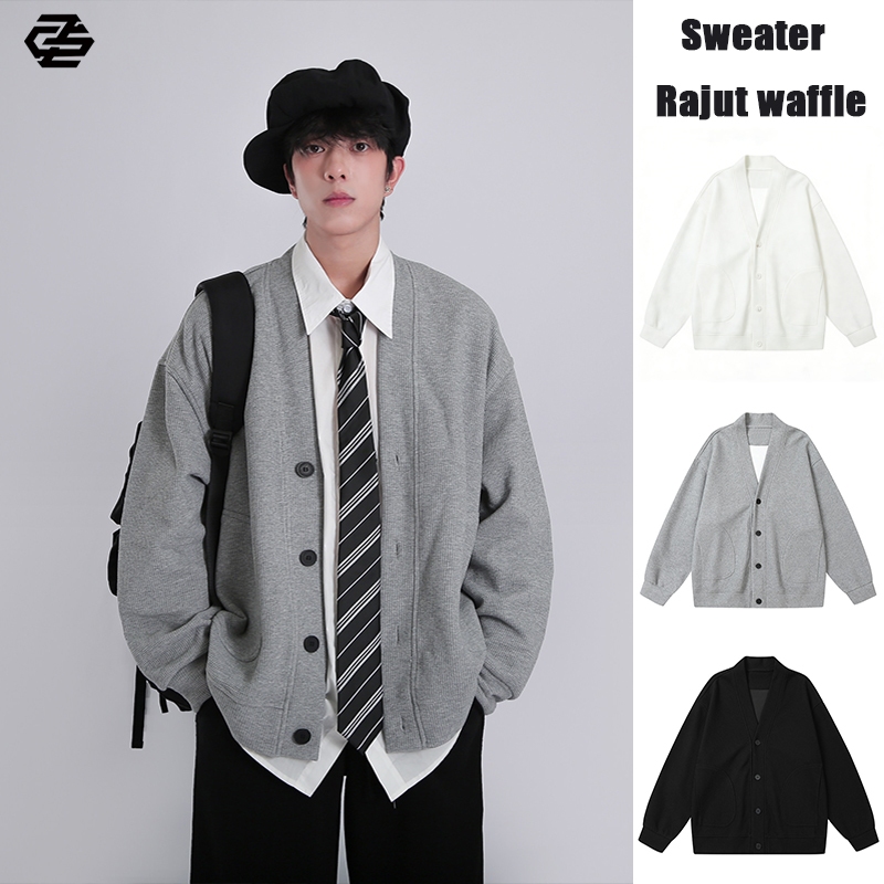 Cardigan Oversize Wafel Sweater Cardigan Pria Cardigan Rajut Santai Model Oversize Outer Cardigan Un