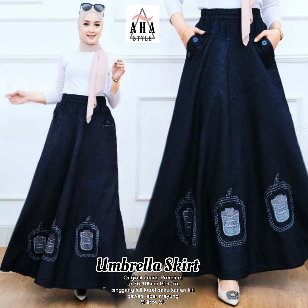Rok Panjang Jeans Motif Fashion Muslim Payung Umbrella Jumbo Kekinian Jesika Skirt M to XL