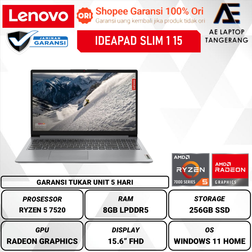 Lenovo Ideapad Slim 1 15 AMD Ryzen 5 7520 8GB 256GB W11 15.6 inch FHD