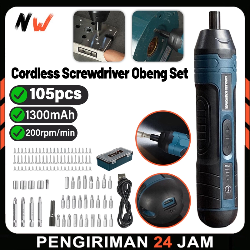 NW - Cordless Screwdriver Multifungsi Bor Obeng Listrik Cordless Set 105Pcs Dilengkapi  Lampu LED