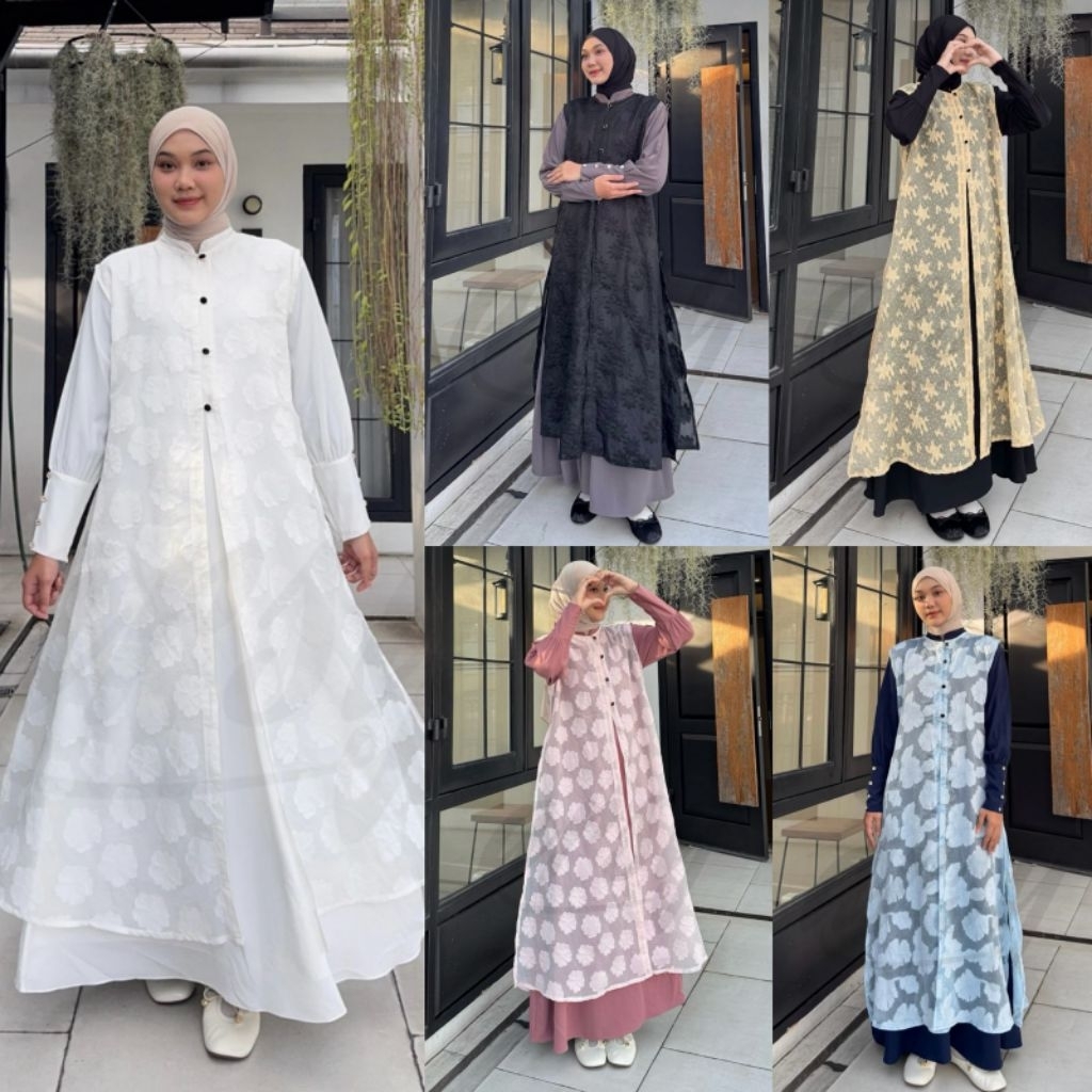 PUSPA SET BY ARSY HIJAB SET INNER OUTER ANTI UV LONG OUTER LEBARAN GAMIS BROKAT