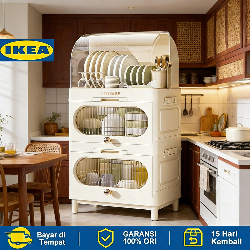Lemari Piring Transparan IKEA 3/4 Susun Lipat Anti Debu Anti Air Tempat Penyimpanan Serbaguna untuk 