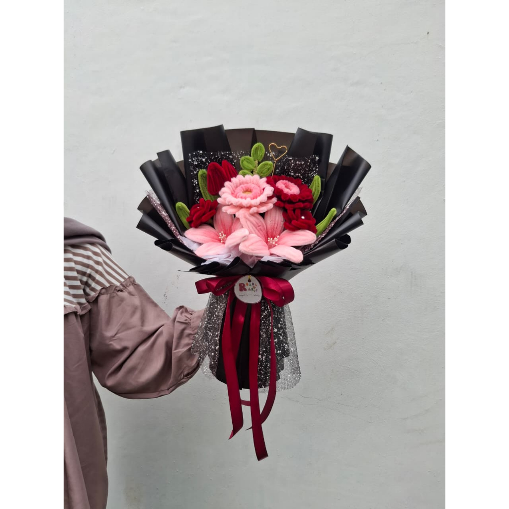 Buket Bunga Kawat Bulu | Buket Bunga Besar | Buket Pipe Cleaner | Buket Merah Hitam