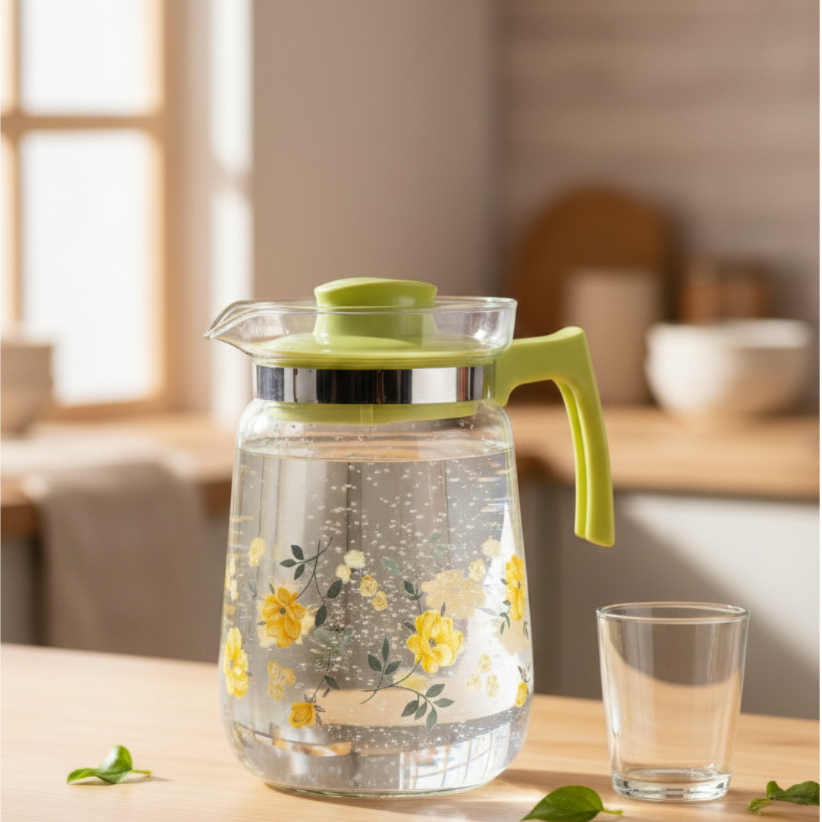 Teko Air Kaca 1.5L - Water Pitcher Motif Bunga Gold Bear