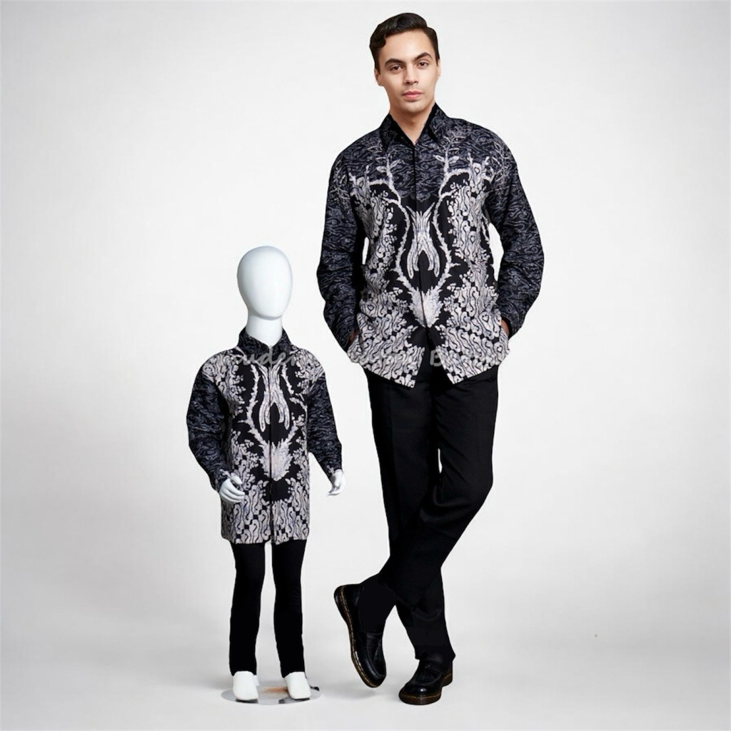 BATIK HITAM PUTIH,Kemeja Batik Couple Ayah dan Anak lapisan furing katun hero warna hitam putih