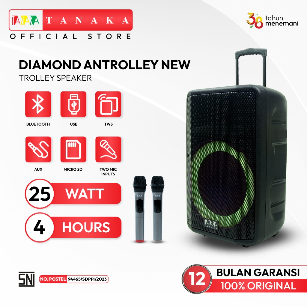 TANAKA Diamond Antrolley NEW Speaker 8/12/15 Inch Portable Bluetooth Indoor Outdoor Karaoke Mic Wire