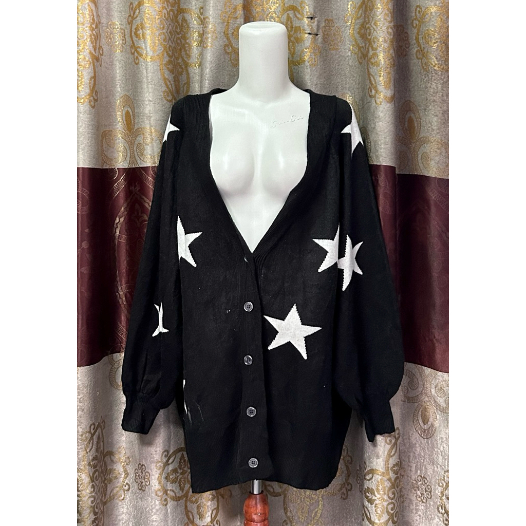 preloved long cardigan rajut knit wanita lengan super balon bahan tebal premium motif bintang kekini