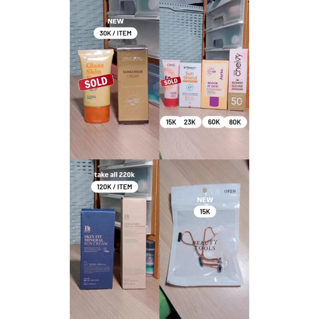 PL PRELOVED & NEW SKINCARE sunscreen Onlyou, Theraskin, Jarte, Chelvy, Benton, dan moisturizer Bento