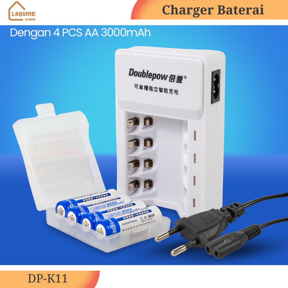 Doublepow Charger 4 Slot AA AAA Free 4 Baterai AA 3000mAh