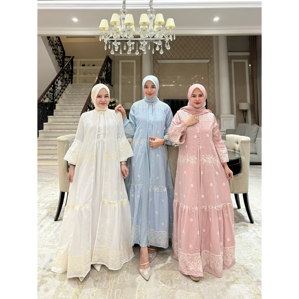 Gamis bahan katun bordir model double (menyatu) mix furing armanisilk ori By Edness Kayla