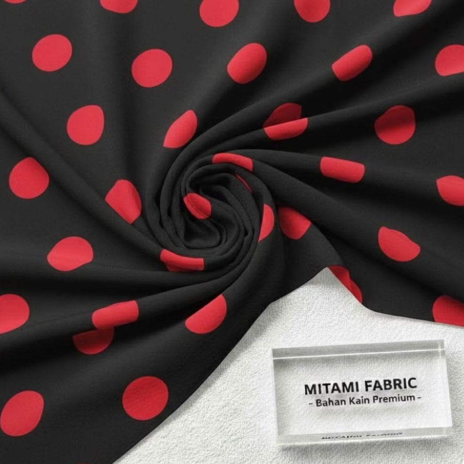 Kain Katun Jepang Premium Motif Polkadot Besar Merah Hitam (Harga Per 0,5)KYT