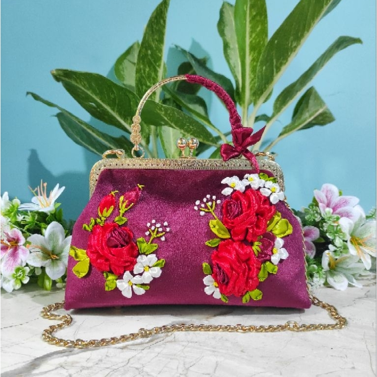 Tas Selempang Wanita Handmade Sulam Pita Bunga Premium Sling Bag Pesta Mewah Unik - Velvet bright