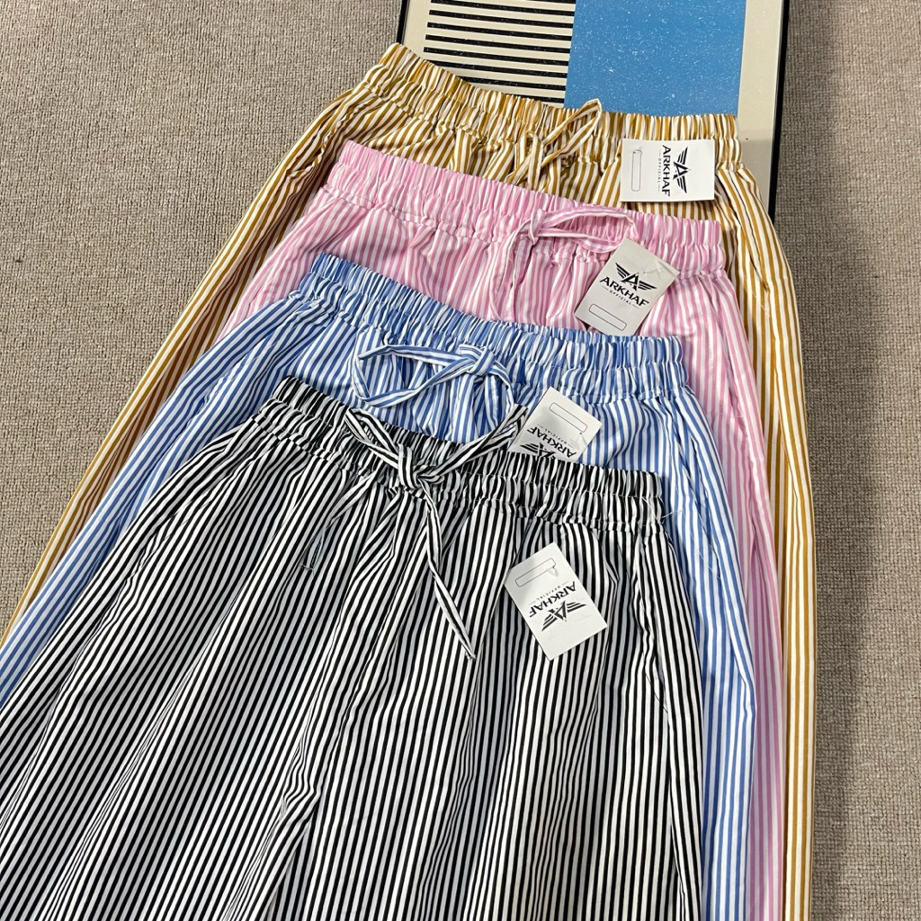 Arkhaf - Kulot Stripe Pants Celana Wanita Jumbo Highwaist Katun Premium - Baggy Loose Pants Kulot St