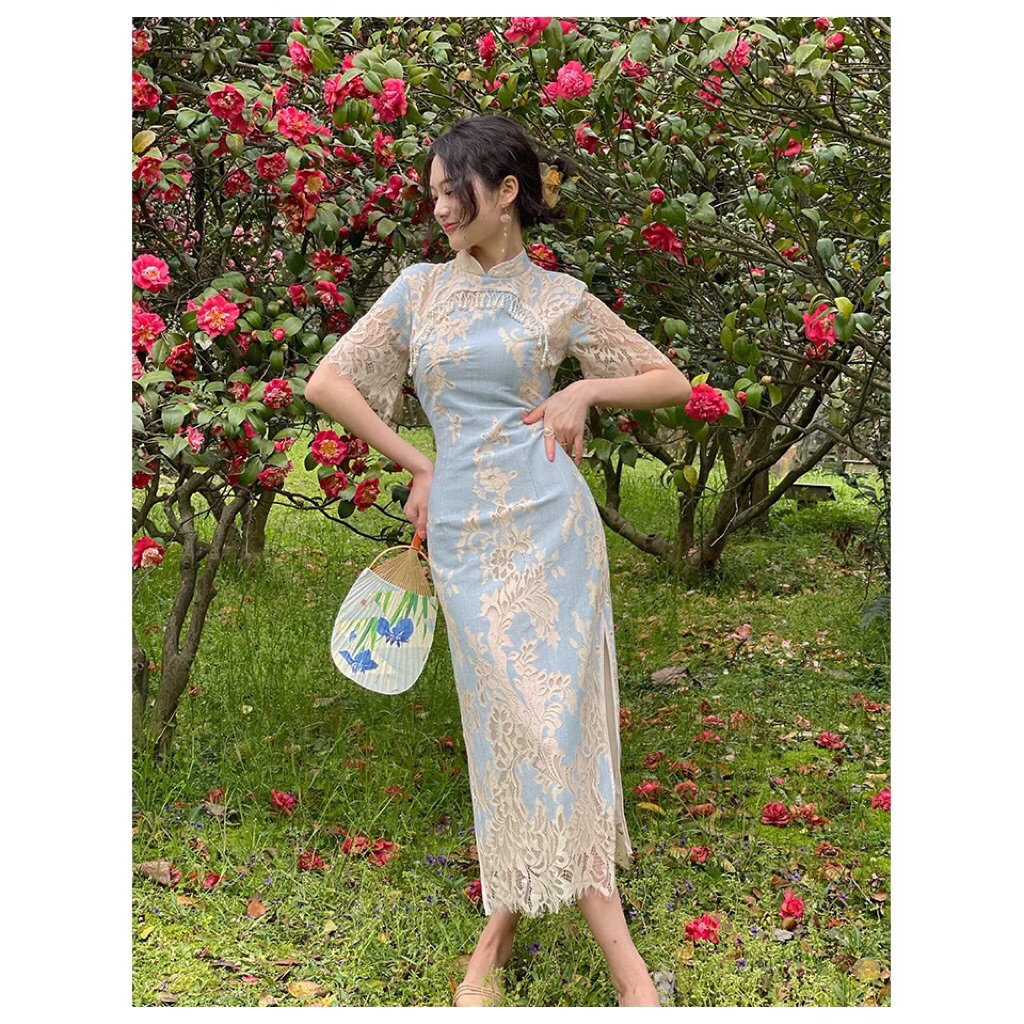 Dress Cheongsam Brokat Biru Panjang Lengan Pendek